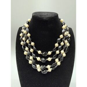 Vintage Japan Beaded Necklace Black White 3 Tiered Acrylic Faux Pearl Statement